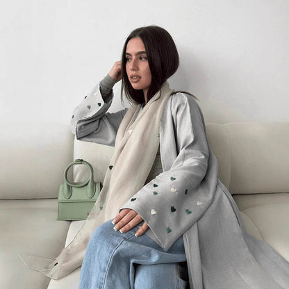 Elegant Linen Long Cardigan with Love Embroidery - Price Value Store
