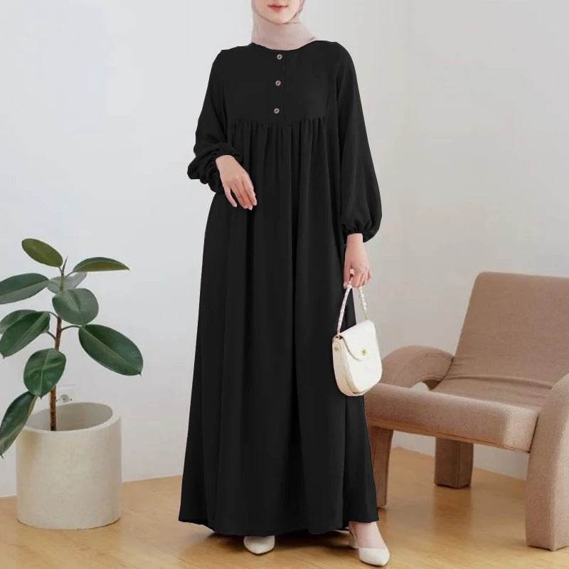 Puff sleeve solid-color dress - Price Value Store