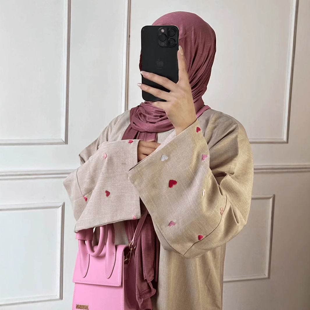 Elegant Linen Long Cardigan with Love Embroidery - Price Value Store