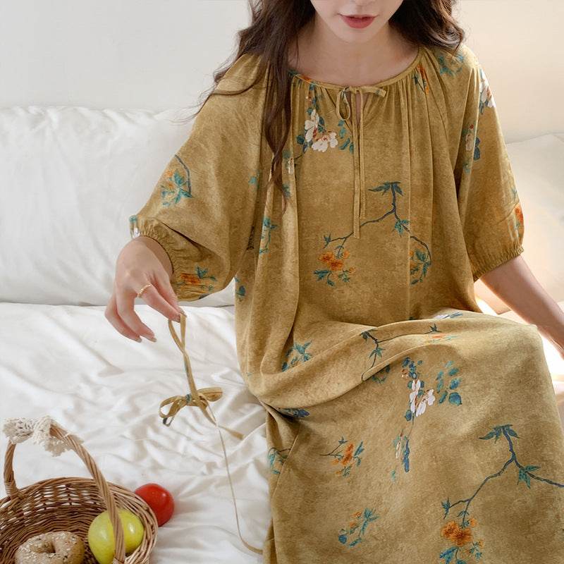 Women's Summer Cotton Silk Nightgown Dress with Belt, Korean Style - Price Value Store