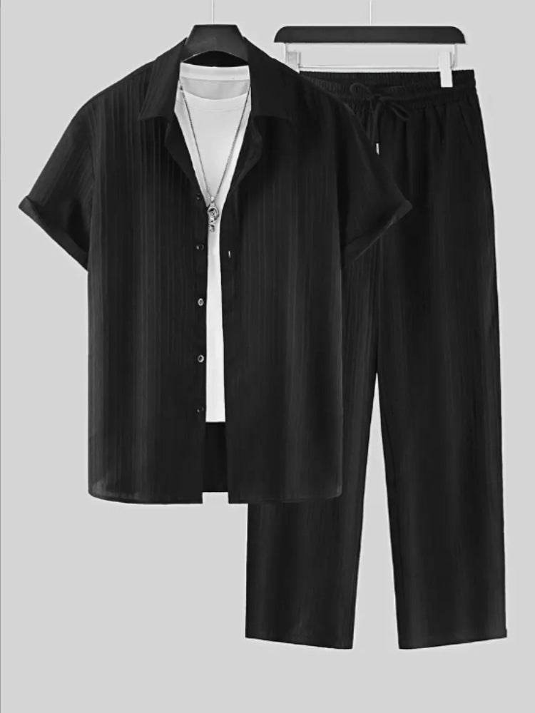 Men's Striped Short Sleeve Shirt and Pants Casual Suit - Price Value Store