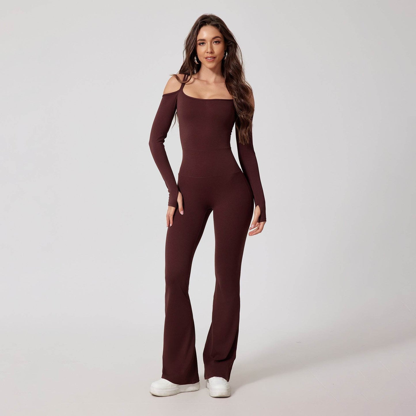 Off-Shoulder Long Sleeve Jumpsuit with Flared Pants - Price Value Store