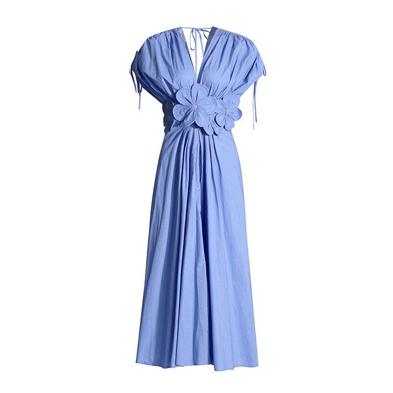 French Style Elegant Waisted Dress V-neck Stitching Flower Backless Slim-fit dress Women's Summer - Price Value Store