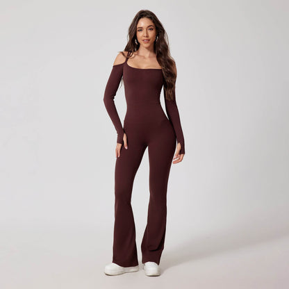 Off-Shoulder Long Sleeve Jumpsuit with Flared Pants - Price Value Store