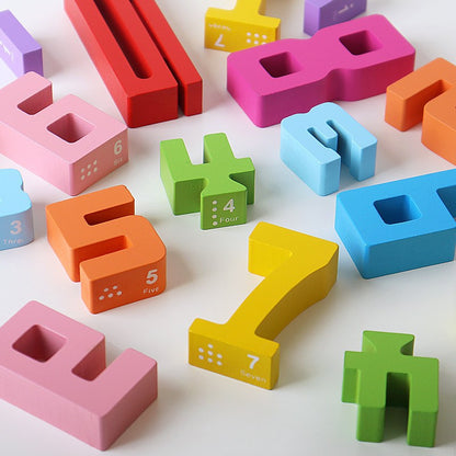 A wooden digital building block stacking toy