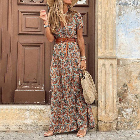 Bohemian Floral Print V-Neck Long Dress - Price Value Store