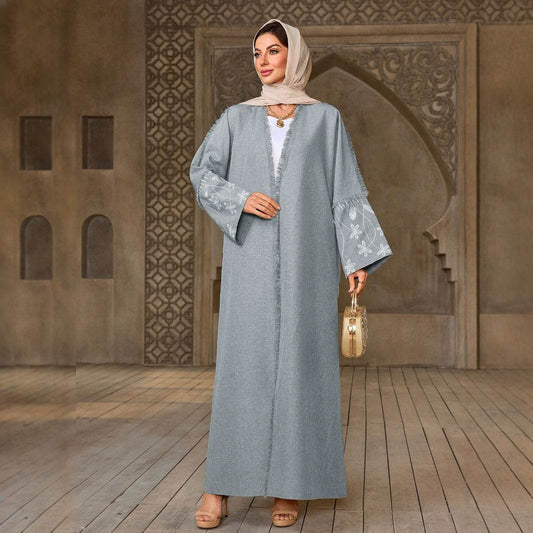Elegant Flower Embroidered Cardigan Long Dress - Price Value Store