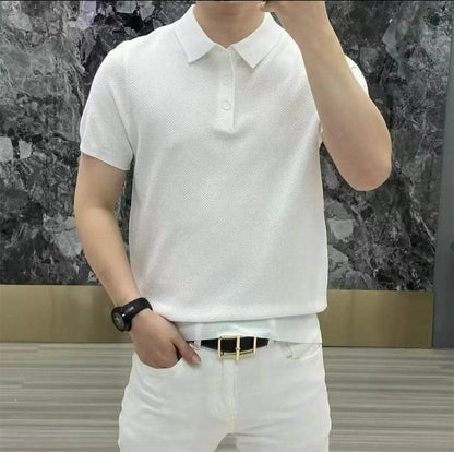 Fashion Casual Lapel Pure Color Polo Shirt Casual Knitted Short-Sleeved Men's Summer New Breathable Trendy Men's T-Shirt - Price Value Store