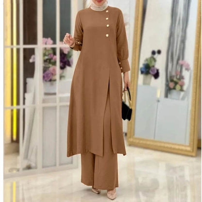 Women's Two-Piece Elegant Long Shirt Wide Leg Pants Set - Price Value Store