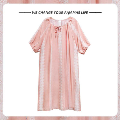 Women's Summer Cotton Silk Nightgown Dress with Belt, Korean Style - Price Value Store