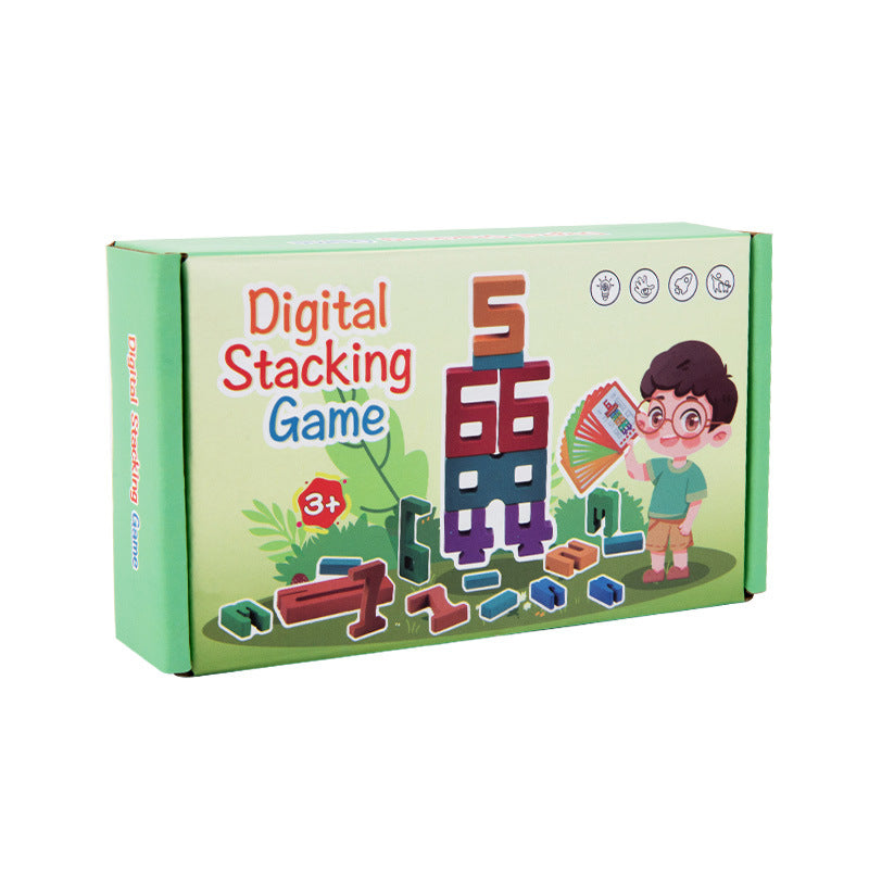 A wooden digital building block stacking toy