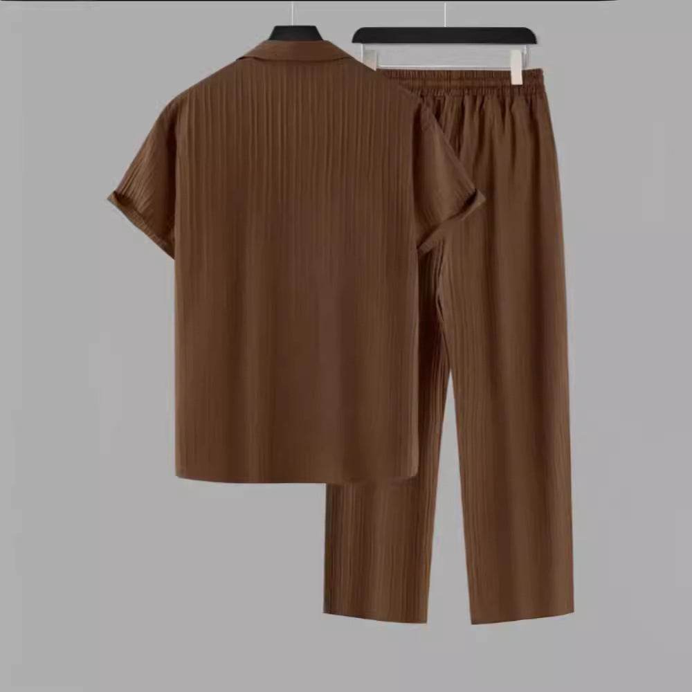 Men's Striped Short Sleeve Shirt and Pants Casual Suit - Price Value Store