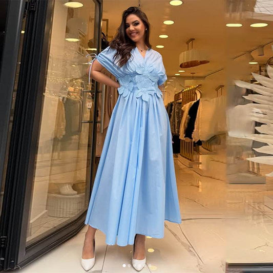 French Style Elegant Waisted Dress V-neck Stitching Flower Backless Slim-fit dress Women's Summer - Price Value Store