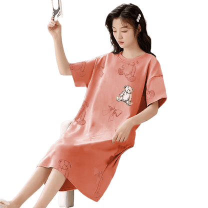 Women's Summer Milk Silk Nightgown, Cartoon Short Sleeve Sleep Dress, Plus Size Pajamas - Price Value Store