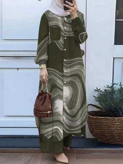 Printed collar shirt and long pants set - Price Value Store