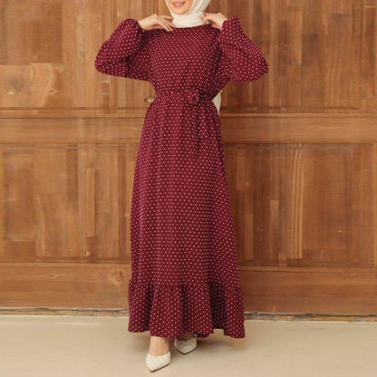 Retro Polka Dot Long Sleeve Ruffled Hem Dress - Price Value Store