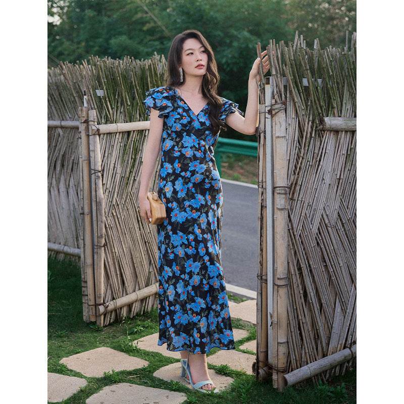 Mulberry Silk Floral French Romantic Dress with Flying Sleeve - Price Value Store