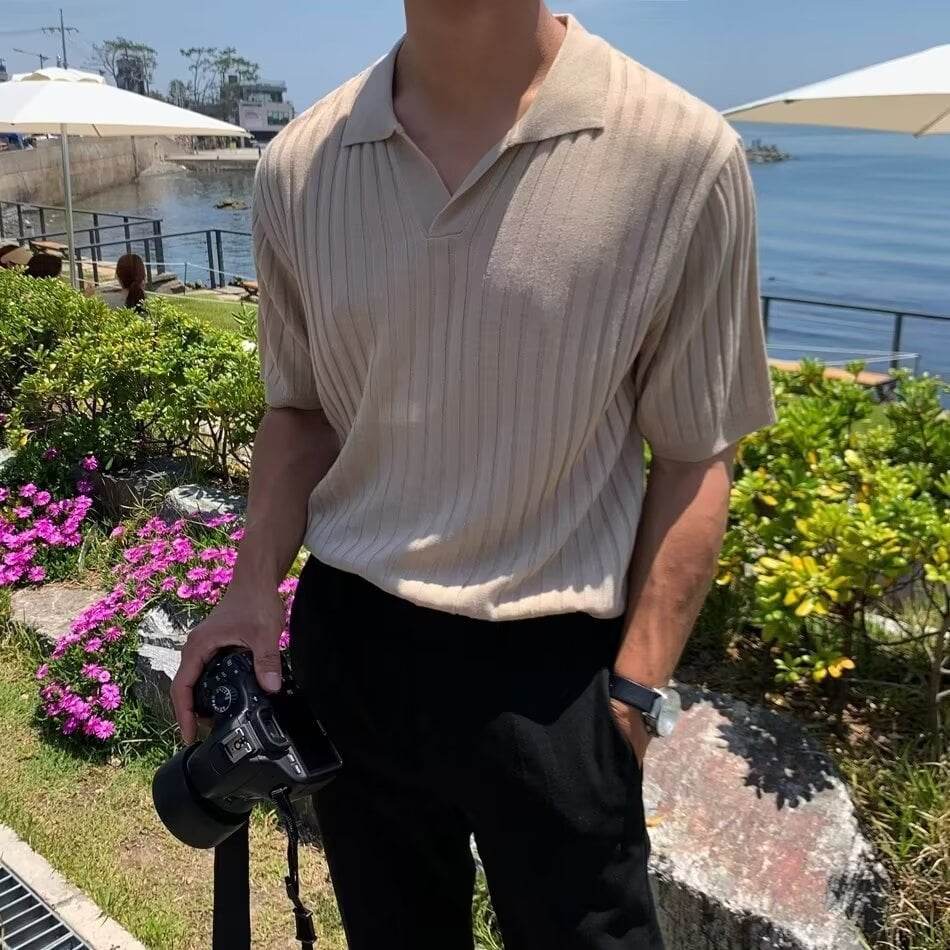Fashion Casual Lapel Pure Color Polo Shirt Casual Knitted Short-Sleeved Men's Summer New Breathable Trendy Men's T-Shirt - Price Value Store