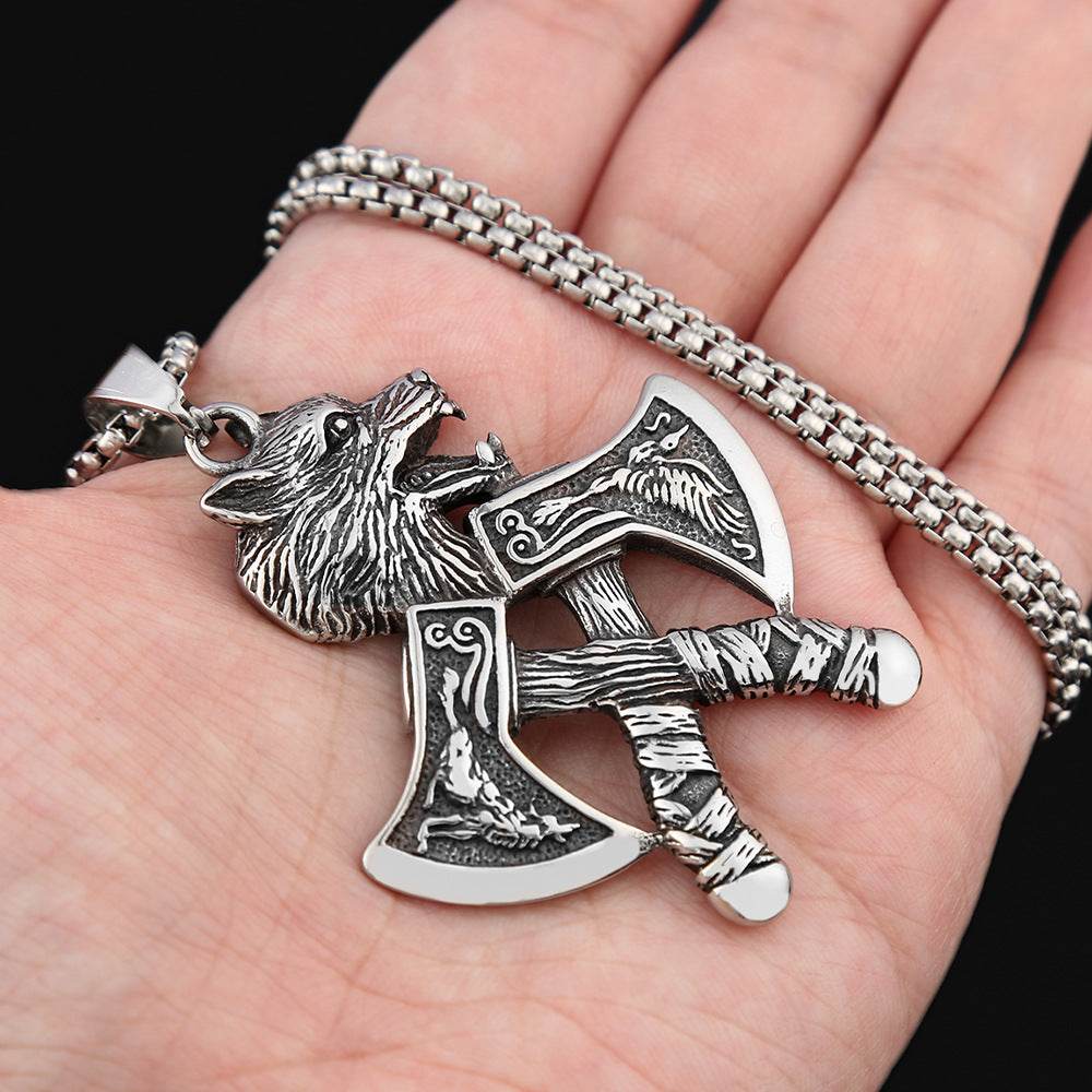 Stainless steel Viking double axe wolf head pendant - Price Value Store