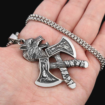 Stainless steel Viking double axe wolf head pendant - Price Value Store
