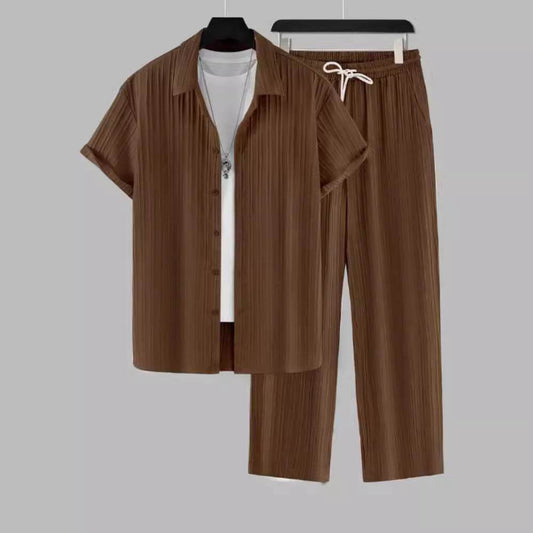Men's Striped Short Sleeve Shirt and Pants Casual Suit - Price Value Store
