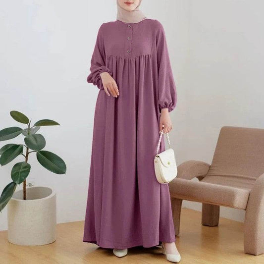 Puff sleeve solid-color buttoned dress - Price Value Store