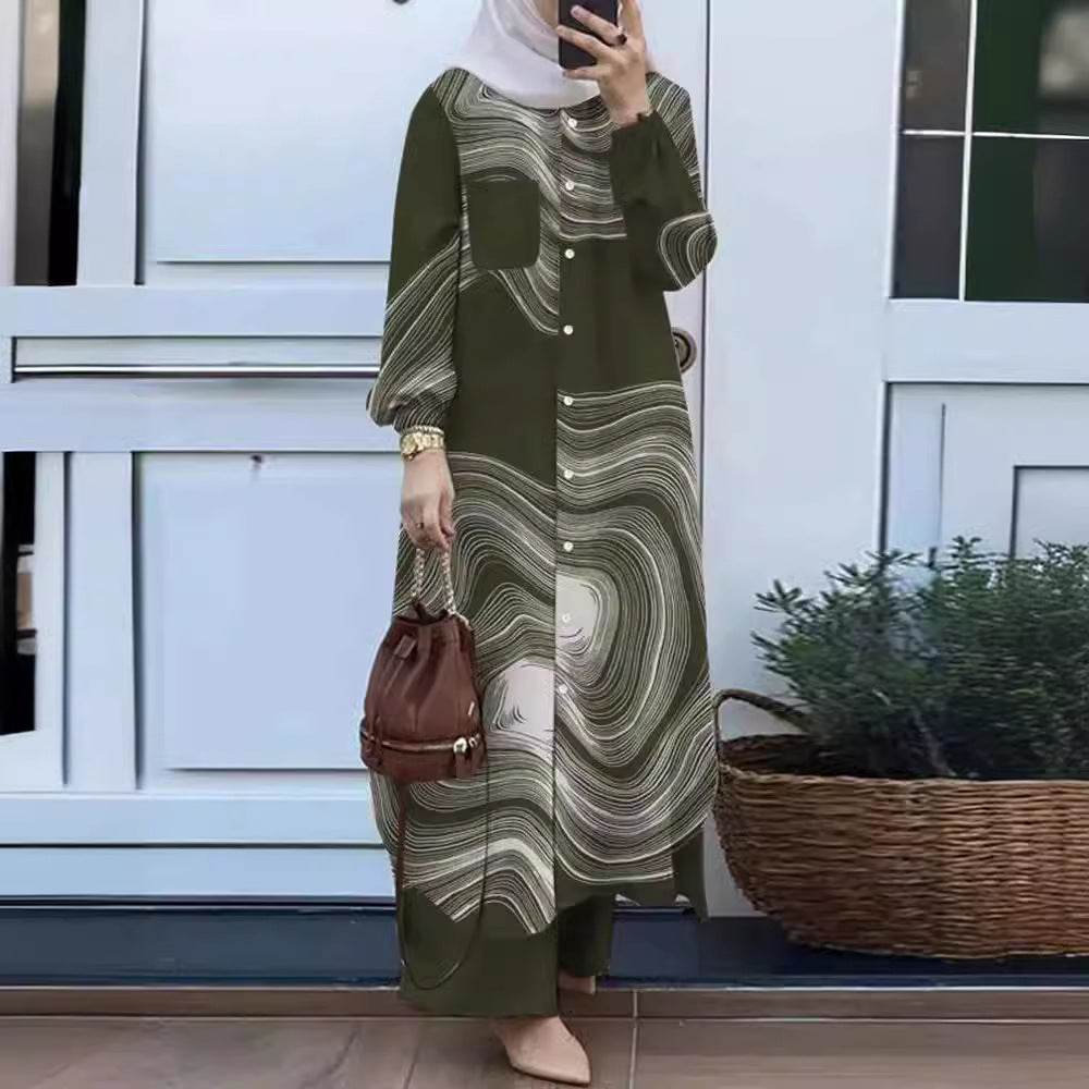 Printed collar shirt and long pants set - Price Value Store