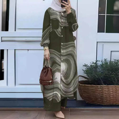 Printed collar shirt and long pants set - Price Value Store
