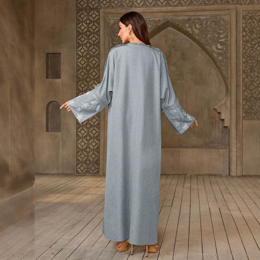 Elegant Flower Embroidered Cardigan Long Dress - Price Value Store