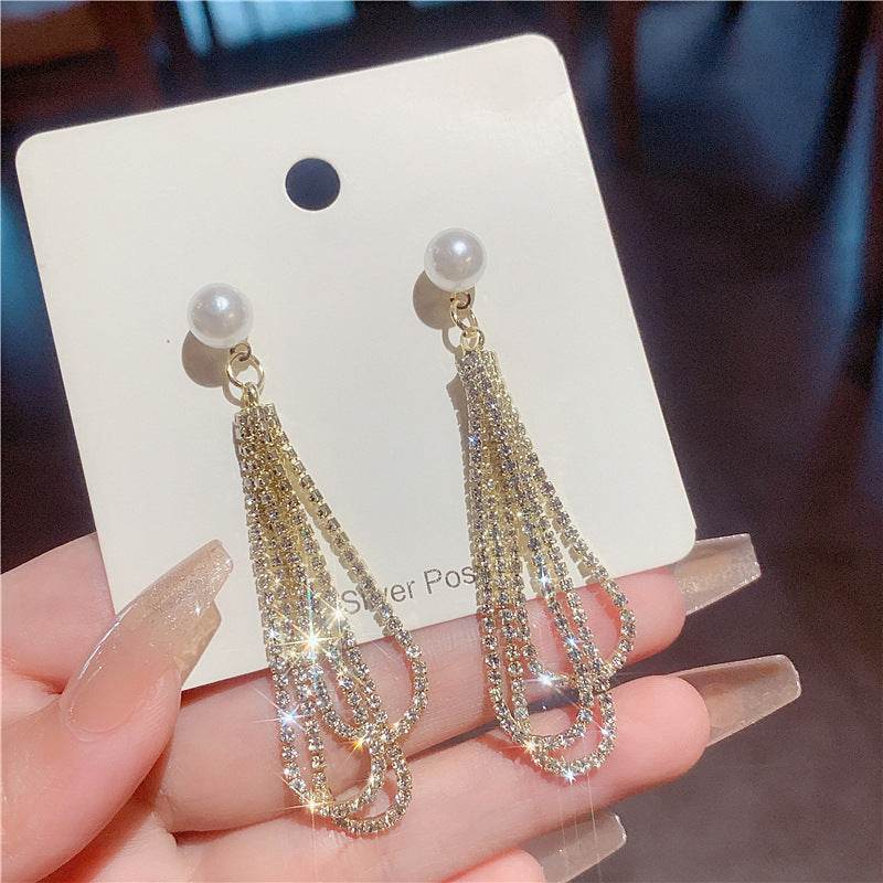 Silver Elegant Trendy Diamond Pearl Tassel Earrings Women's European and American French Fashion Drop-shaped Long Earrings Ear Jewelry - Price Value Store