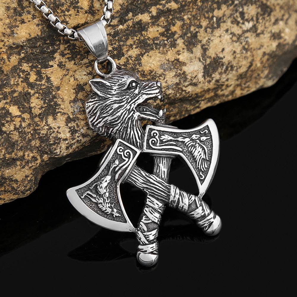Stainless steel Viking double axe wolf head pendant - Price Value Store