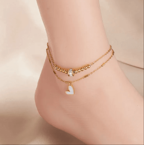 Fashion niche design simple high-end retro double-layer stacked Pearl Love Diamond five-pointed star pendant anklet - Price Value Store