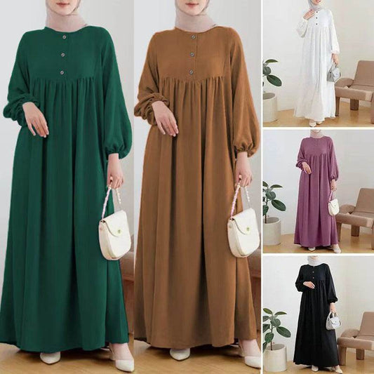 Puff sleeve solid-color buttoned dress - Price Value Store