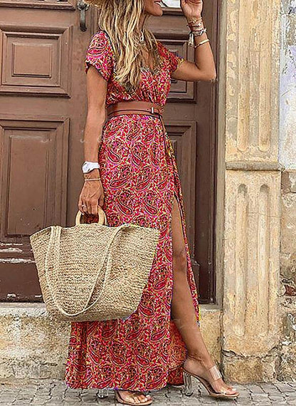 Bohemian Floral Print V-Neck Long Dress - Price Value Store
