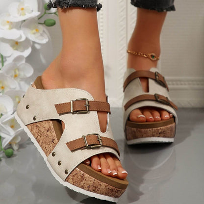 Foreign Trade plus size Thick Bottom Wedge Slippers 2025 Summer New Buckle with Bubble Bottom Beach Open Toe Women's Shoes - Price Value Store