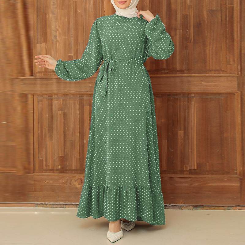 Retro Polka Dot Long Sleeve Ruffled Hem Dress - Price Value Store