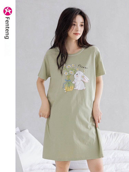 Women's Summer pure cotton Thin cute Short-Sleeved Pajamas Home Wear Girls Summer sexy Dress - Price Value Store
