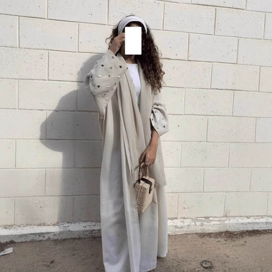 Elegant Linen Long Cardigan with Love Embroidery - Price Value Store