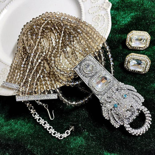 vintage Crystal Multi-layer Chain Lion Head Heavy Industry Necklace Female Geometric Earrings Ear Clip Set Female - Price Value Store