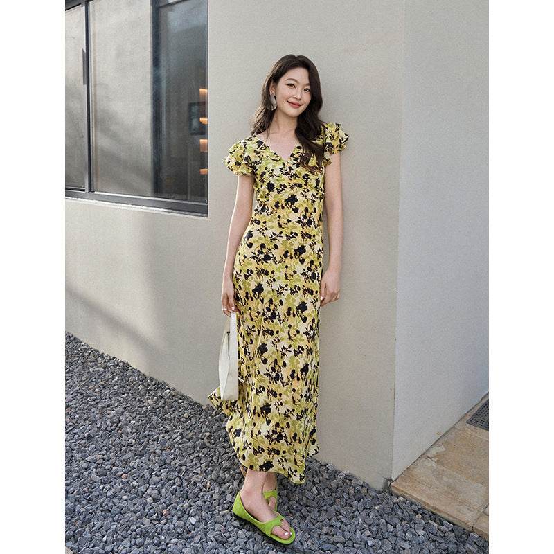 Mulberry Silk Floral French Romantic Dress with Flying Sleeve - Price Value Store