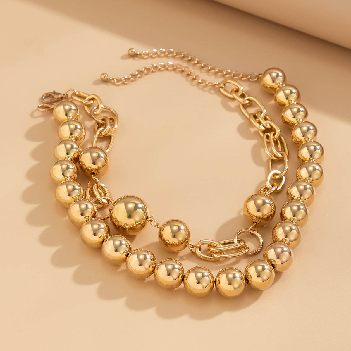 European and American Cross-border Jewelry Creative Punk Style Round Bead Double Layer Overlapping Necklace necklace Exaggerated Metal Chain - Price Value Store