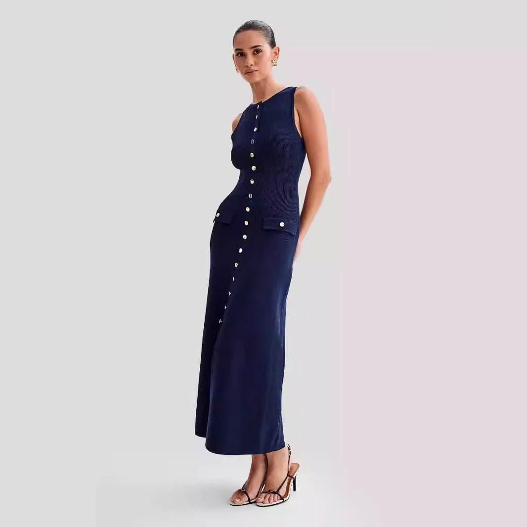2025 Summer New Sleeveless Round Neck Slim Knitted Dress - Price Value Store