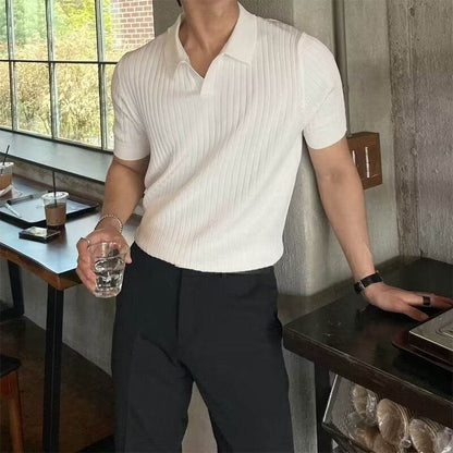 Fashion Casual Lapel Pure Color Polo Shirt Casual Knitted Short-Sleeved Men's Summer New Breathable Trendy Men's T-Shirt - Price Value Store