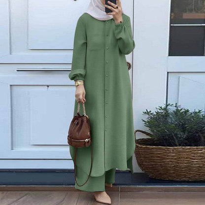 Printed collar shirt and long pants set - Price Value Store