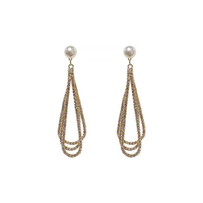 Silver Elegant Trendy Diamond Pearl Tassel Earrings Women's European and American French Fashion Drop-shaped Long Earrings Ear Jewelry - Price Value Store