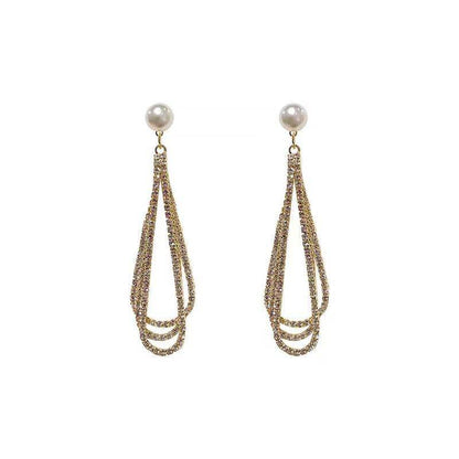 Silver Elegant Trendy Diamond Pearl Tassel Earrings Women's European and American French Fashion Drop-shaped Long Earrings Ear Jewelry - Price Value Store