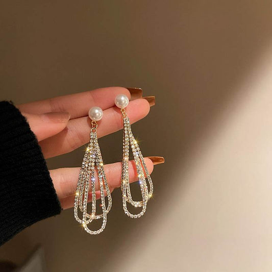 Silver Elegant Trendy Diamond Pearl Tassel Earrings Women's European and American French Fashion Drop-shaped Long Earrings Ear Jewelry - Price Value Store
