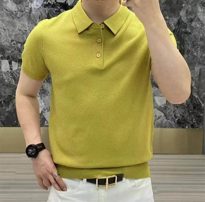 Fashion Casual Lapel Pure Color Polo Shirt Casual Knitted Short-Sleeved Men's Summer New Breathable Trendy Men's T-Shirt - Price Value Store