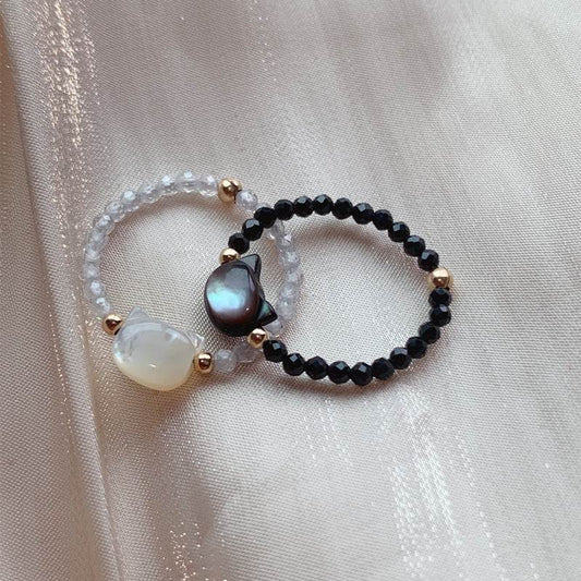 Fashionable Black Spinel Cat Ring with Freshwater Shell - Price Value Store