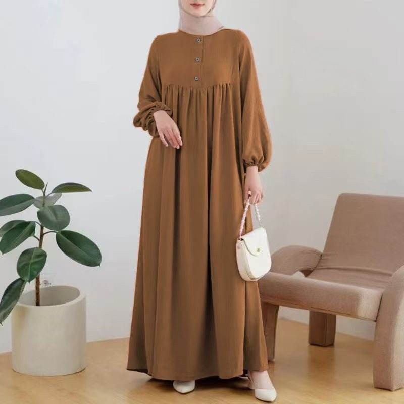 Puff sleeve solid-color buttoned dress - Price Value Store
